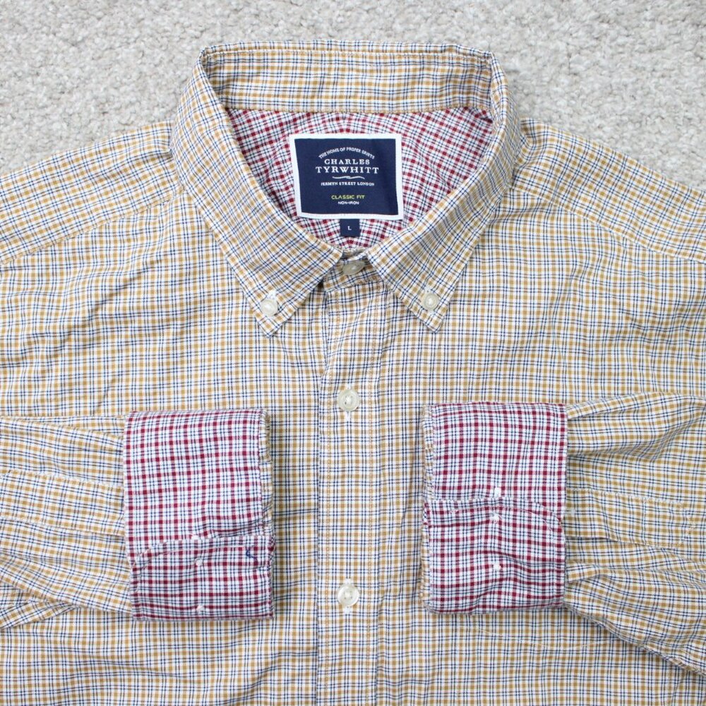 Charles Tyrwhitt Shirt Mens Large Tan/Blue/Red Flip Cuff Classic Fit Long Sleeve